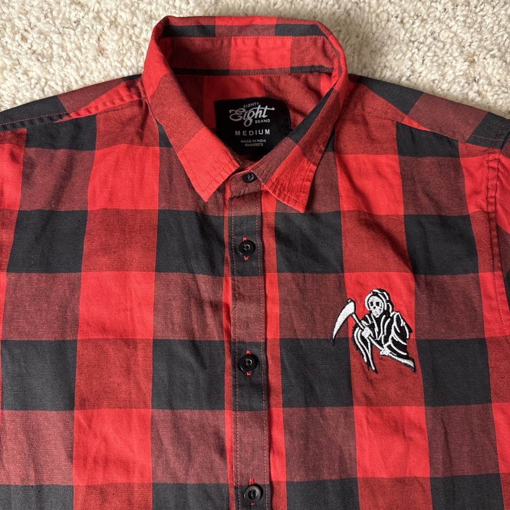 Eighty Eight Men's Medium Short Sleeve Button Up Red Plaid Grim Reaper India